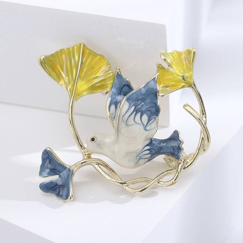 Ginkgo Bird Blue Yellow Brooch