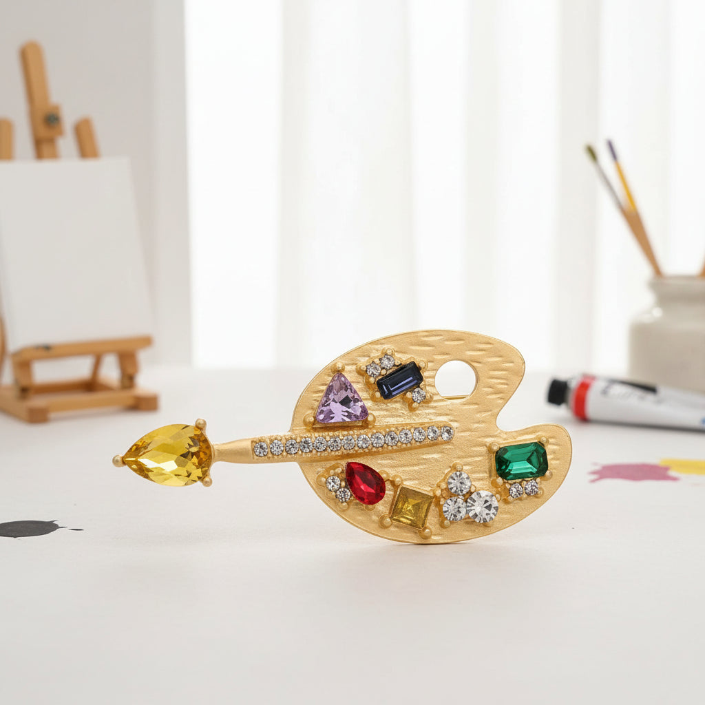 Inlaid Glass & Rhinestone Palette Brooch