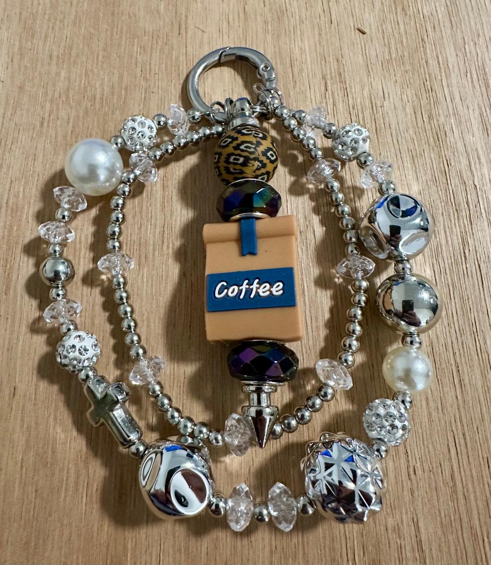 Double Strand Coffee Themed Beaded Keychain