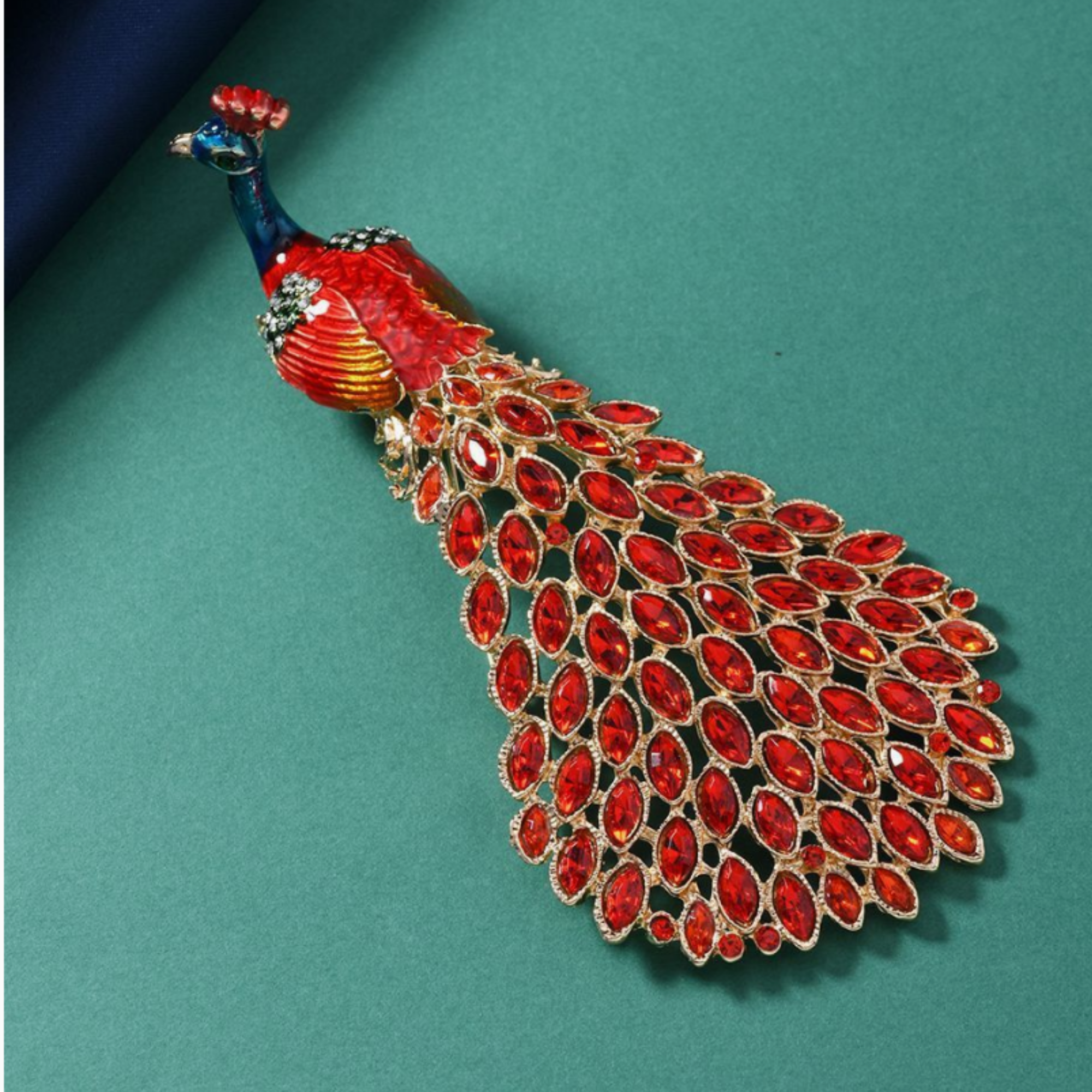 Hand Enameled Rhinestone Peacock Brooch