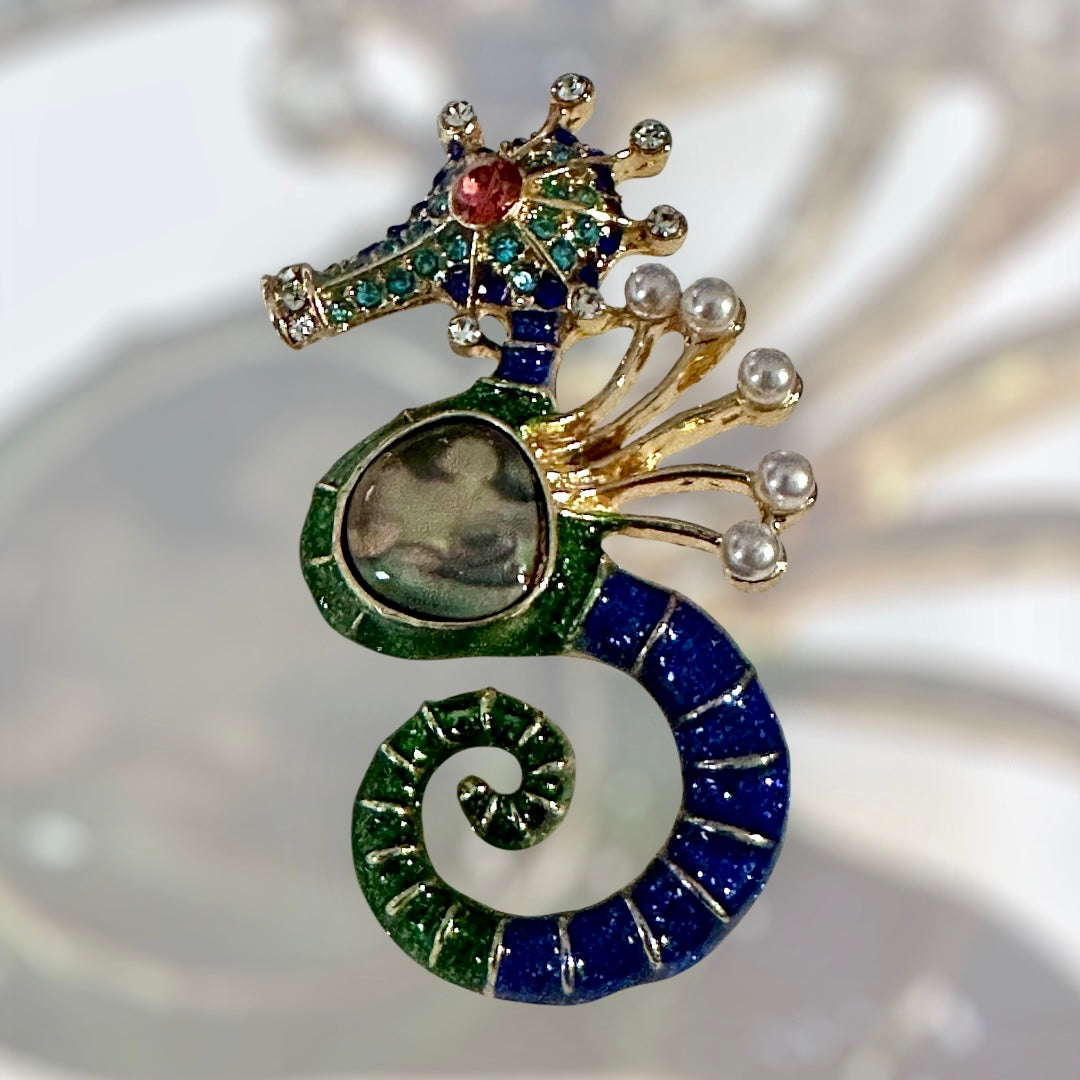 Sparkling Abalone Shell Seahorse Brooch