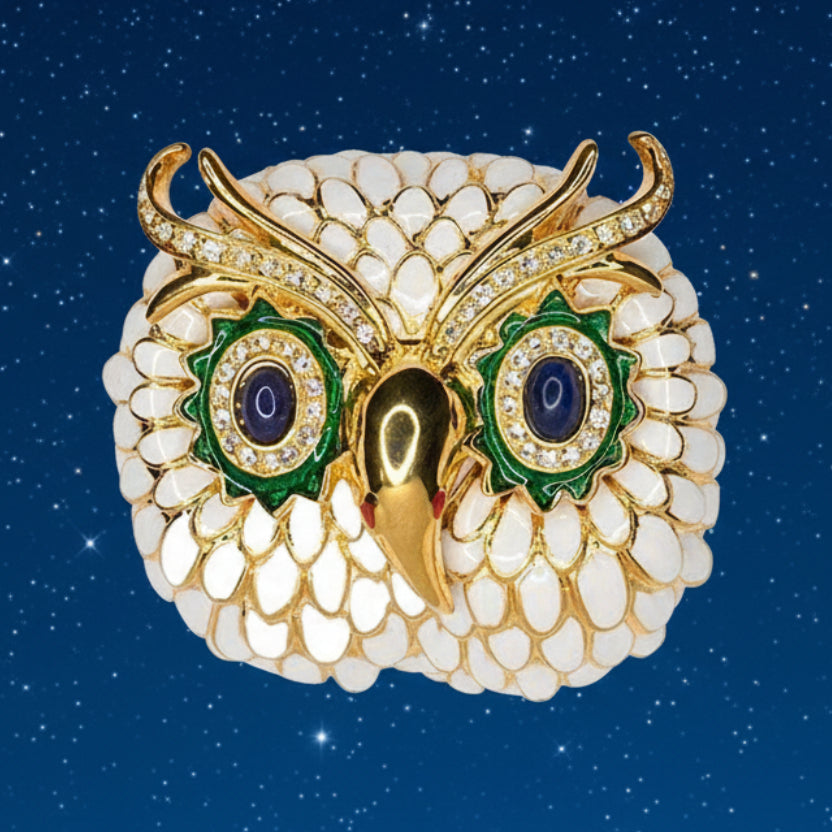 KJL-Inspired Enamel Owl Head Brooch