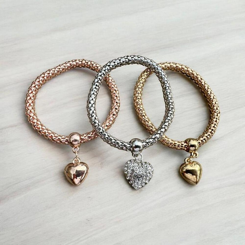 Mesh Puffy Heart Charms Bracelet Trio