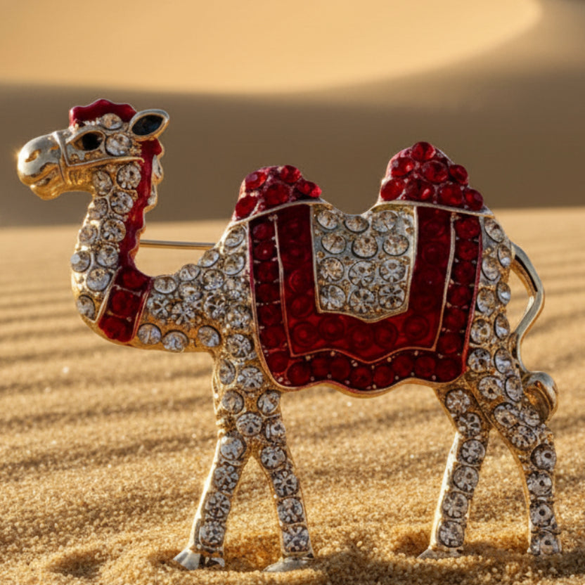 Camel brooch with pave' set red and clear rhinestones on a sandy background