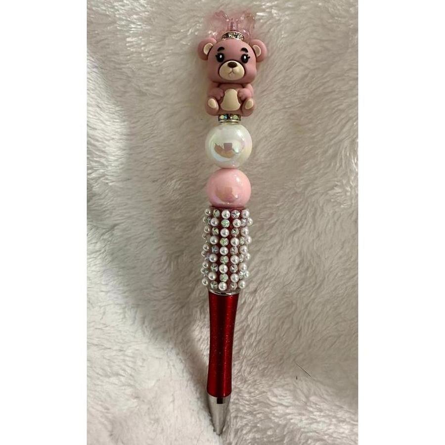 Pink Bow Top Bear Beaded Pen