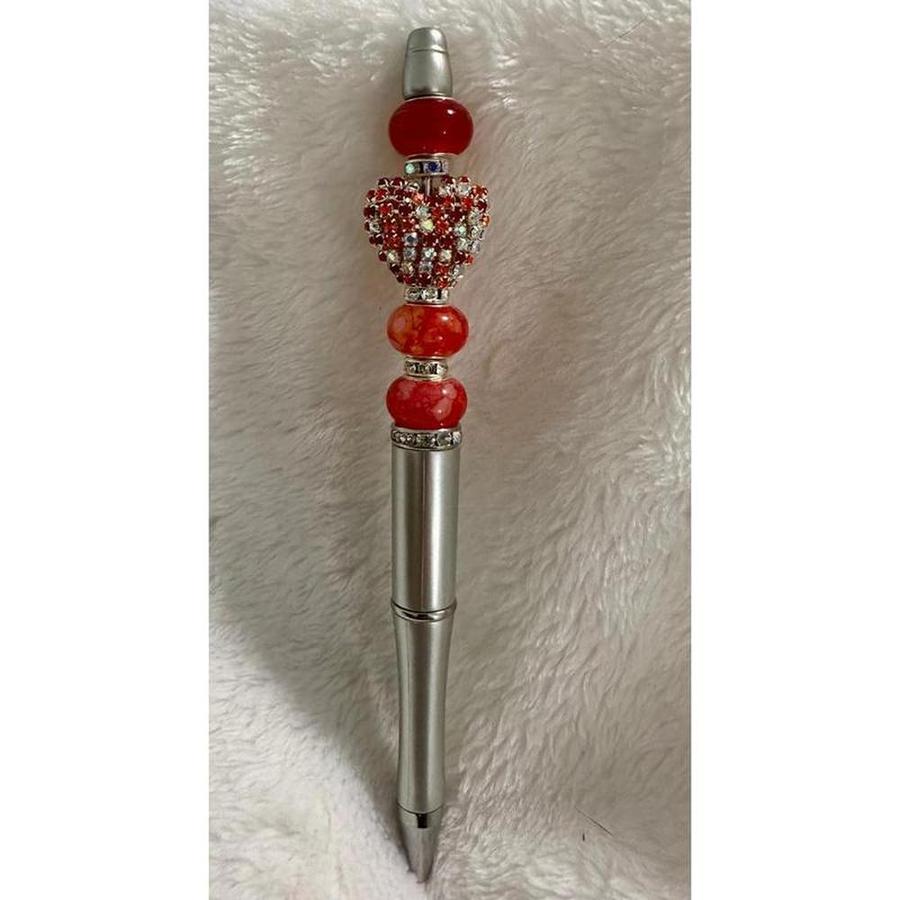 Red & Silver Crystal Heart Beaded Pen