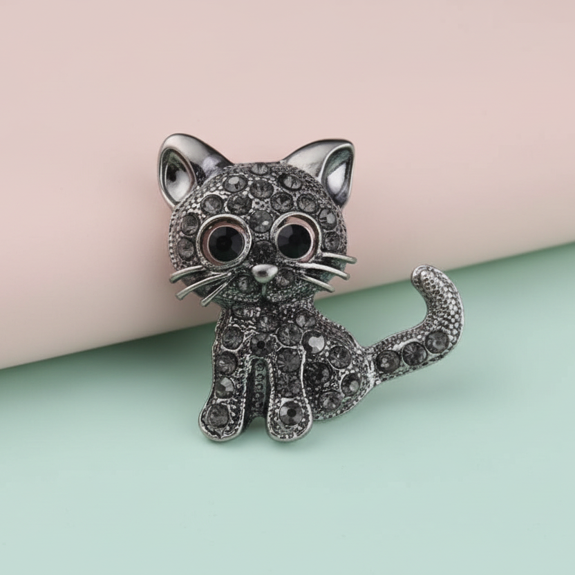 Small Black Rhinestone Kitten Brooch