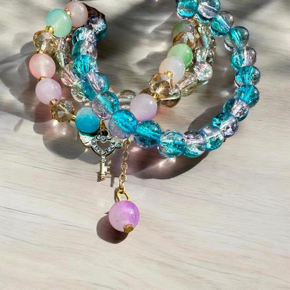 Winged Key Pastel Beaded Bracelet Trio