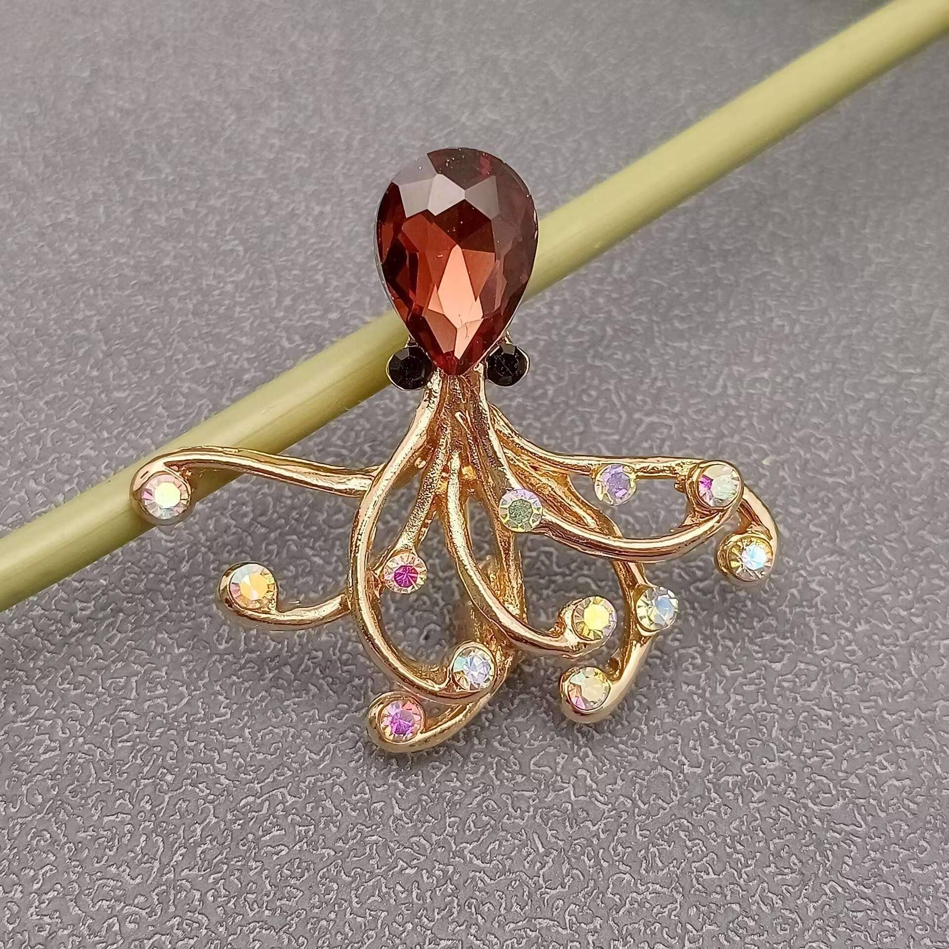 Inlaid Rhinestone & Glass Octopus Brooch