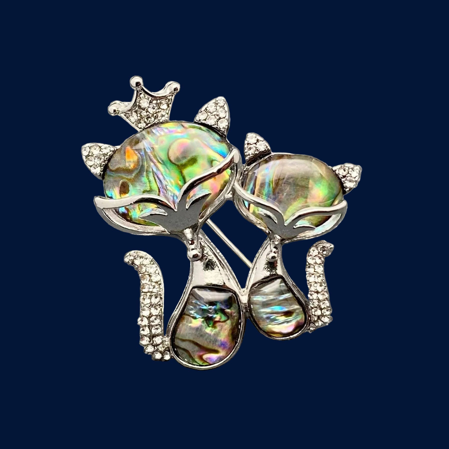 Abalone Shell Silver-Tone Double Cat Brooch