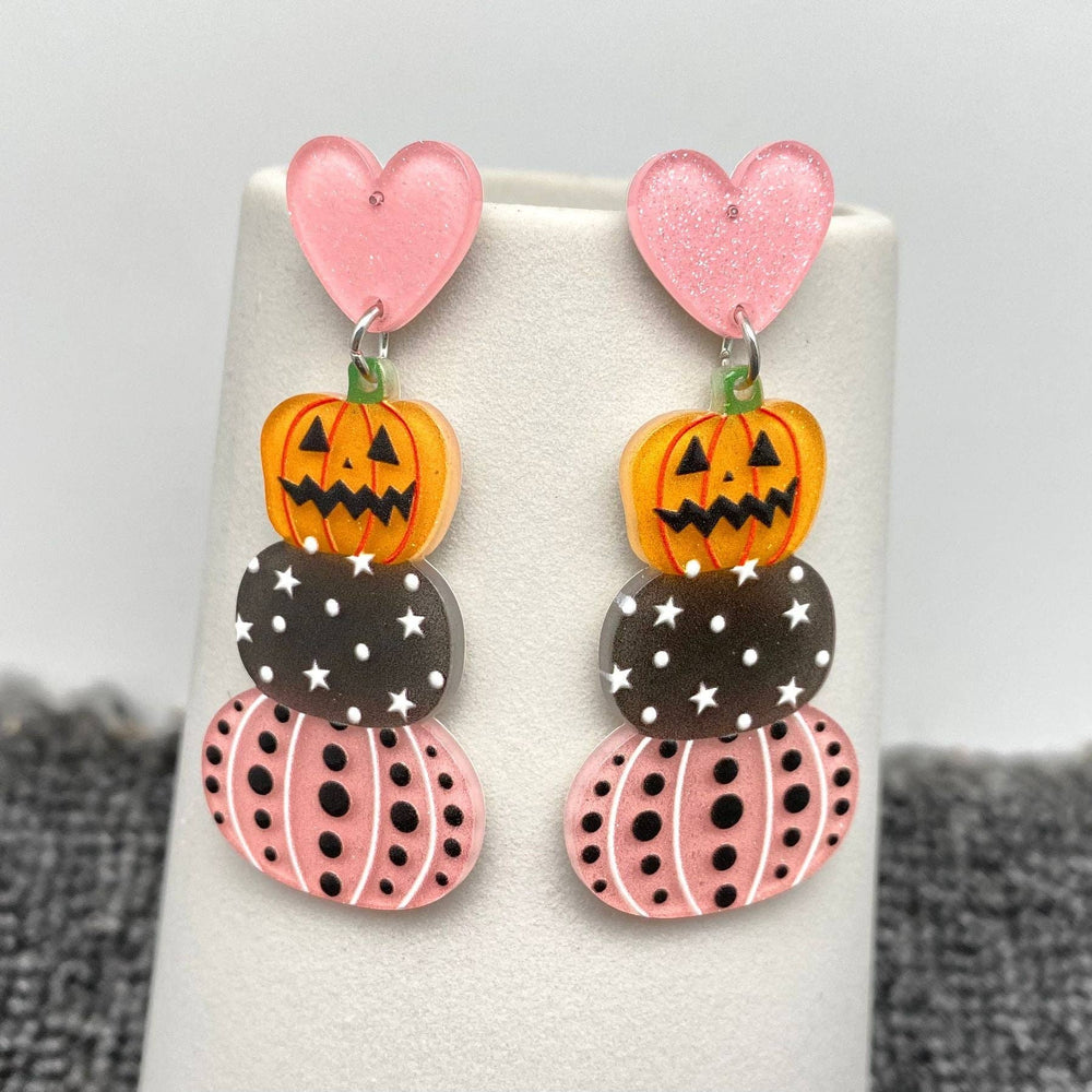 Halloween Acrylic Pumpkin Pink Heart Post Earrings