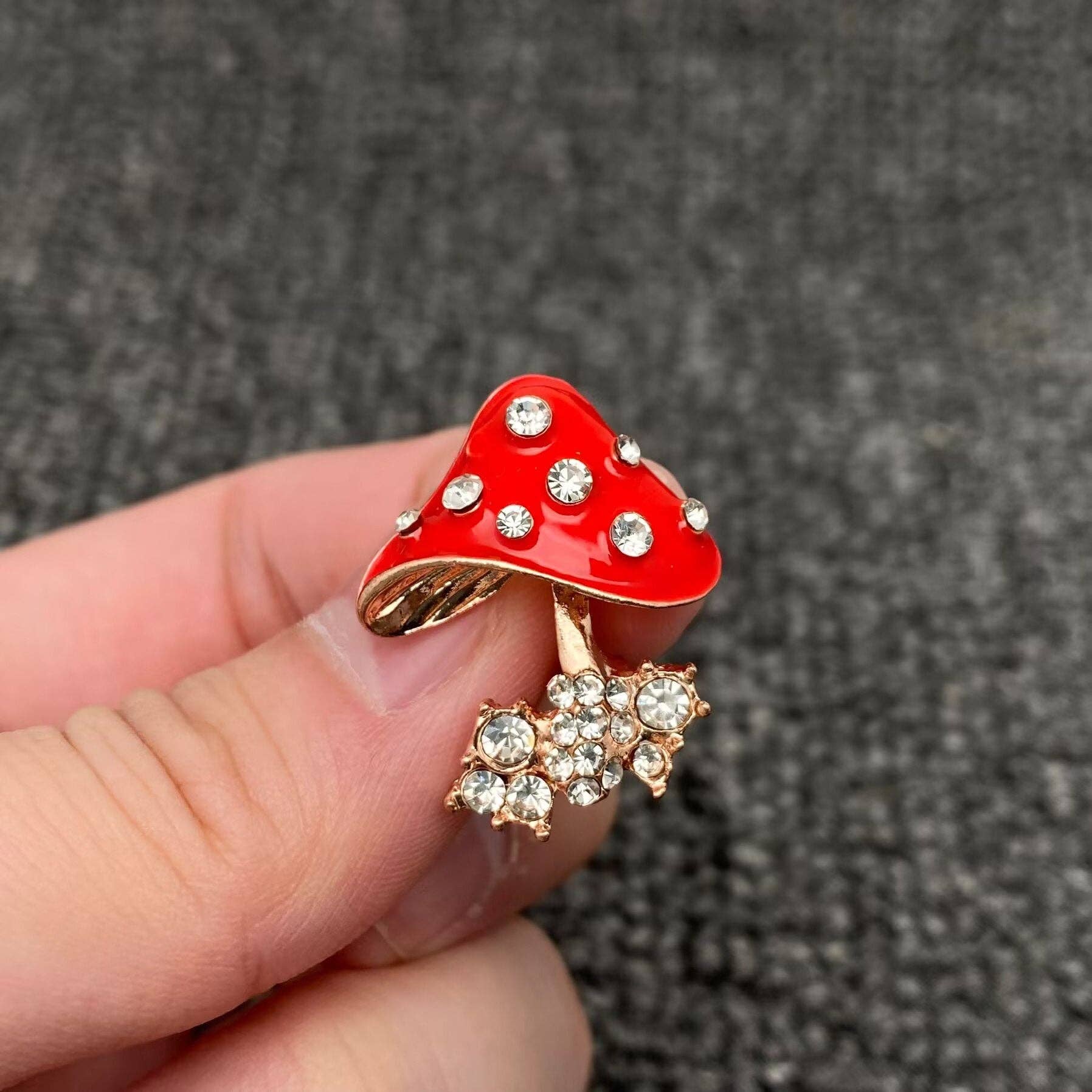 Rhinestone Red Enamel Mushroom Brooch