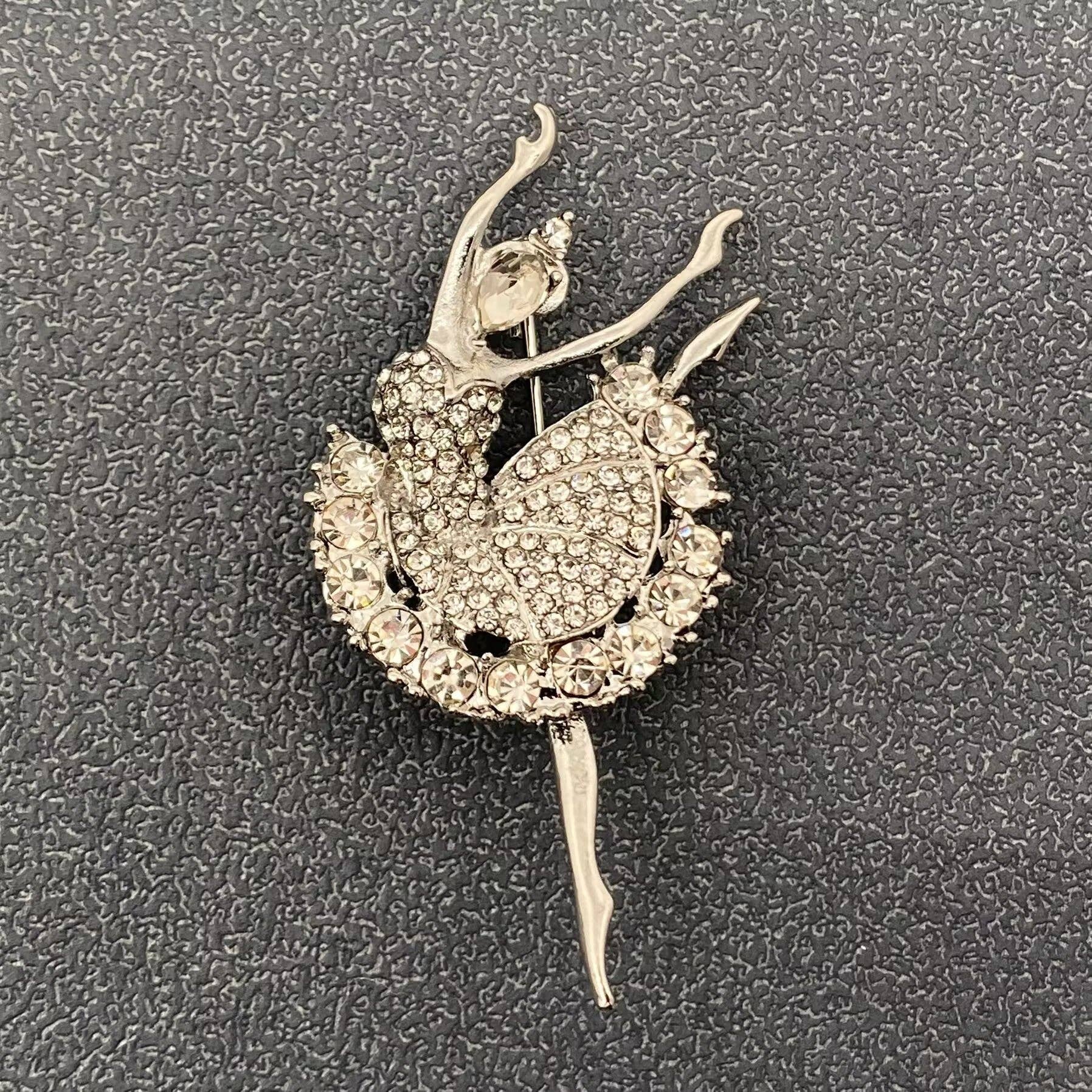 Rhinestone Dancing Ballerina Brooch: Silver