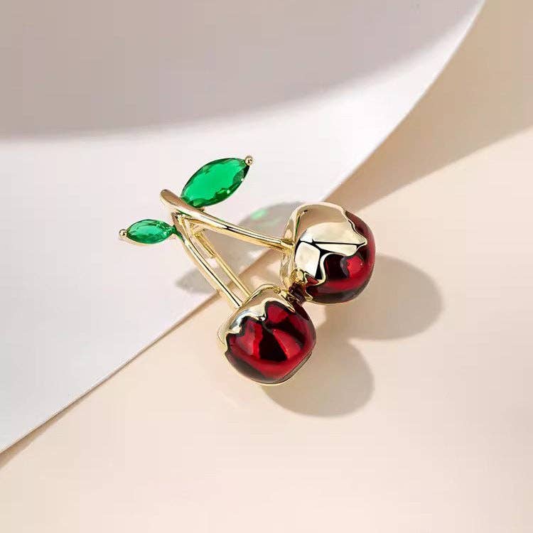 Gold Dipped Red Cherry Rhinestone Brooch