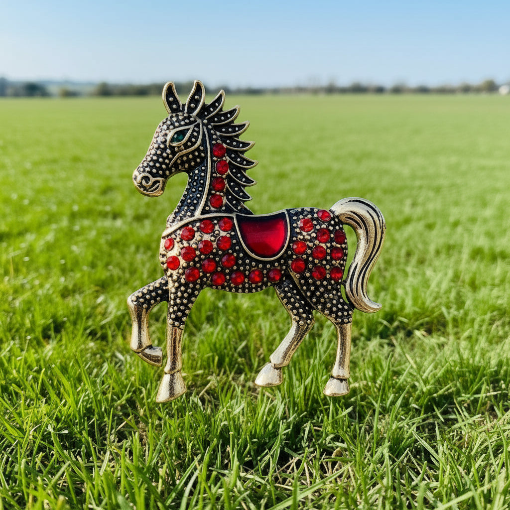 Red Rhinestone Textured Horse Brooch