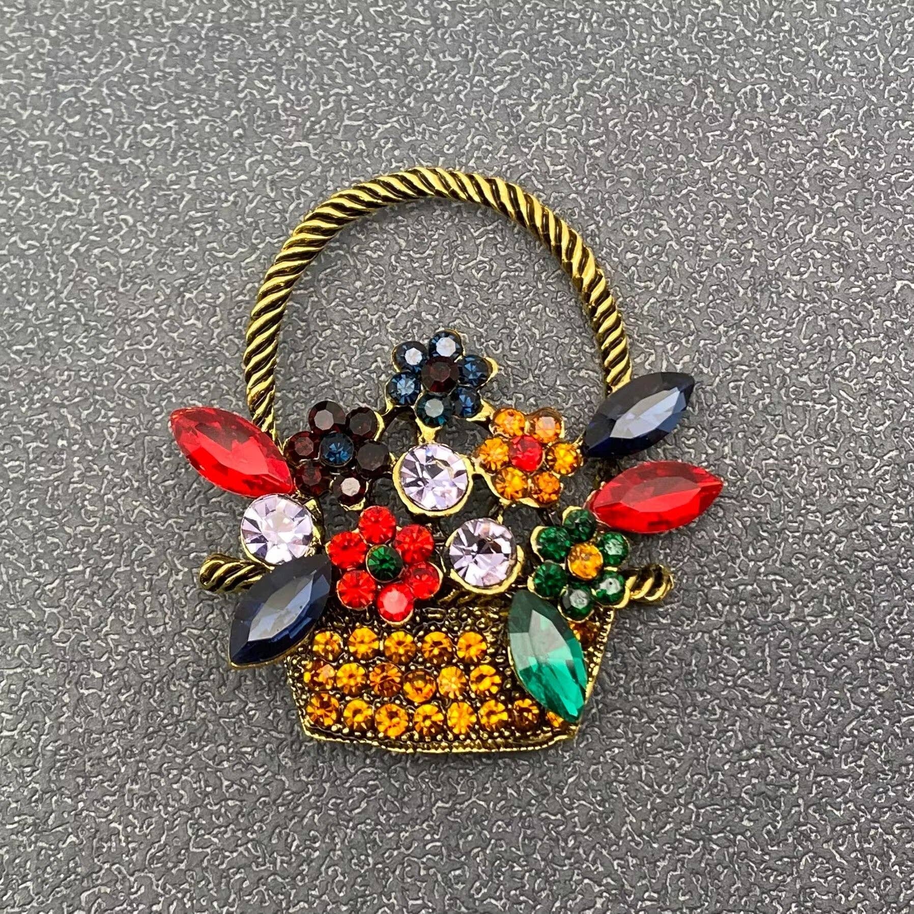Vintage Colored Rhinestone Flower Basket Brooch