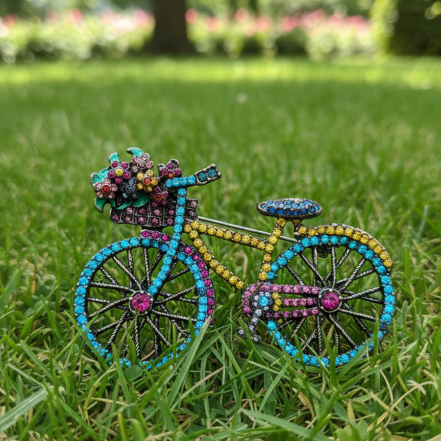Flower Basket Rhinestone Bicycle Brooch