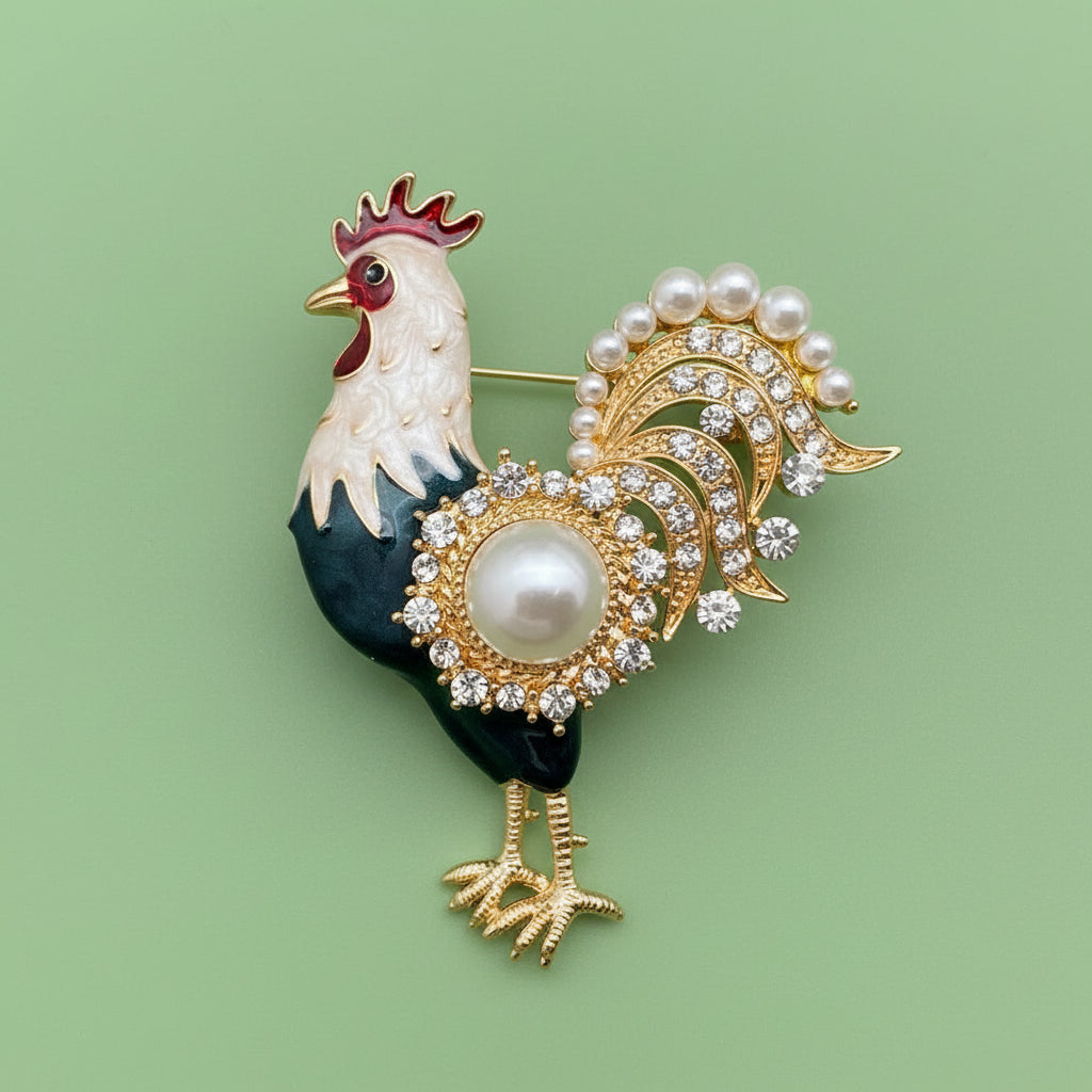Rhinestone & Pearl Inlaid Enamel Rooster Brooch
